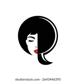 Beauty Salon Logo – Stylish Woman Face with Red Lips and Modern Haircut in Letter Q