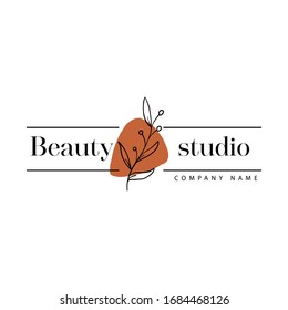 Beauty salon logo. Vector hand drawn logo template in elegant and minimal style Branch with leaves with text sample with abstract elements pastel colors. For business branding and identity.