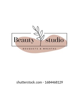 Beauty salon logo. Vector hand drawn logo template in elegant and minimal style Branch with leaves with text sample with abstract elements pastel colors. For business branding and identity.