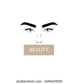  Logo des Schönheitssalons. Vektorillustration-Poster mit Augen, Wimpern und Augenbrauen einer schönen Frau. Modeweibliches Gesicht auf Plakatgrafik.