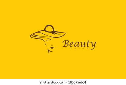 Beauty salon logo. Vector logo of woman wearing hat, Beautiful woman vector logo template for hair or beauty salon, spa center cosmetic procedures.