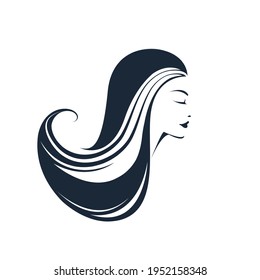 Beauty salon logo.Beautiful woman profile portrait.Long, wavy hairstyle icon.Sign for spa, aesthetics, beautician, hair studio business.Modern, elegant, luxury style hairdresser symbol.Face makeup.