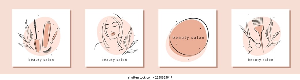 Beauty salon logos. Eyelash extension, makeup, hairdressing. Beautiful woman face, mascara brush, scissors and hair brush. Vector illustrations