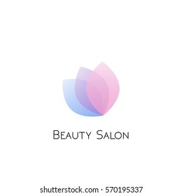 Beauty salon logotype with transparent blue, violet and pink flower petals
