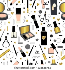 Beauty salon. Beauty, makeup, care. Cute  seamless pettern. All elements are  hidden under mask. Pattern are not cropped and can be edited. 