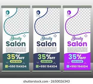 Design de modelo de banner de rolo de maquiagem de salão de beleza. Salão de beleza de maquiagem enrolar banner para manicure e pedicure.