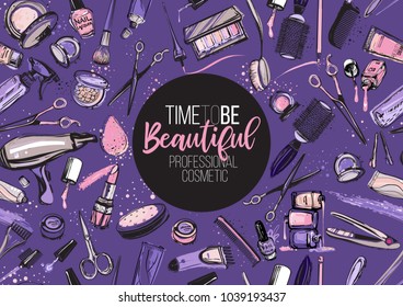 Salón de belleza, manicura, maquillaje, telón de fondo para peluquería. La moda mujer accesoria herramientas profesionales icono logo conjunto vector aislado sobre fondo ultravioleta