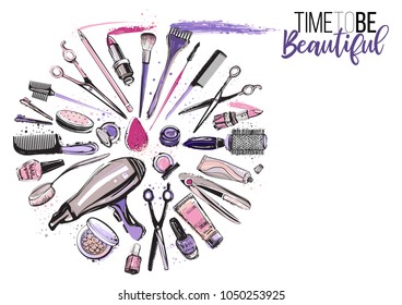 Beauty salon, manicure, makeup, hairdressing poster, flyer, template design. Fashion woman accessory illustration icon logo set isolated vector on white background 