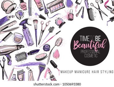 Beauty salon, manicure, makeup, hairdressing poster, flyer, template design. Fashion woman accessory illustration icon logo set isolated vector on white background 