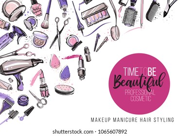 Beauty salon, manicure, makeup, hairdressing poster, flyer, template design. Fashion woman accessory illustration icon logo set isolated vector on white background.