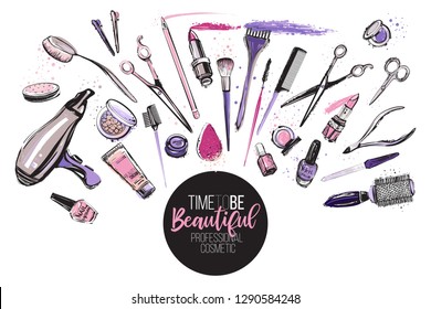 Beauty salon, manicure, makeup, hairdressing poster, flyer, template design. Fashion woman accessory illustration icon logo set isolated vector on white background 