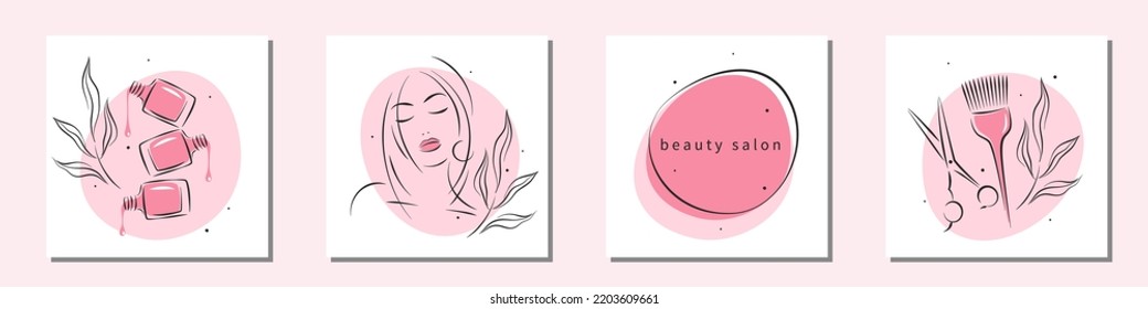 Beauty salon. Manicure, makeup, hairdressing. Beautiful woman face, nail polish, scissors and hair brush. Vector illustrations