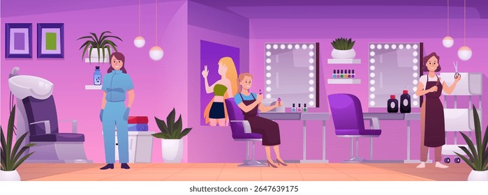 Salão de beleza com manicure, cabeleireiro, estilista. Estúdio de serviço de moda interior rosa. Salão de unhas e cabeleireiro. Ilustração plana vetorial de cadeira, espelho, acessórios profissionais e equipamentos