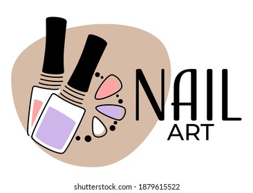 Beauty salon with manicurists and care for fingernails. Isolated banner with polish bottles and samples of art for women. Manicure and pedicure, professional service and decor. Vector in flat