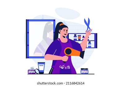 Beauty salon modern flat concept for web banner design. Woman hairdresser holding scissors and hair dryer standing near mirror and waiting for clients. Vector illustration with isolated people scene