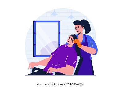 Beauty salon modern flat concept for web banner design. Woman hairdresser coloring hair of client. Female visitor enjoys care procedure sitting in chair. Vector illustration with isolated people scene