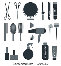 Beauty Salon Monochrome Icon Set. Hairdresser Styling Accessories. Professional Haircut Tools. Isolated Vector Illustration