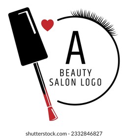 Beauty salon nail polish logo design. Nail polish brush, eyelashes and red heart symbol. Vector illustration.