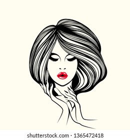 Beauty salon, nails art and hairstyle studio illustration.Beautiful woman portrait with wavy hair and elegant makeup,long eyelashes, red lipstick on her lips and nail polish.Cosmetics and spa logo.