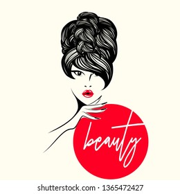 Beauty salon, nails art and hairstyle studio illustration.Beautiful woman portrait with hair bun and elegant makeup, with red lipstick on her lips and red nail polish.Cosmetics and spa logo.