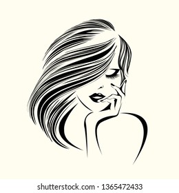 Beauty salon, nails art and hairstyle studio illustration.Beautiful woman portrait with wavy, long hair and elegant makeup,long eyelashes, lipstick on her lips and nail polish.Cosmetics and spa logo.