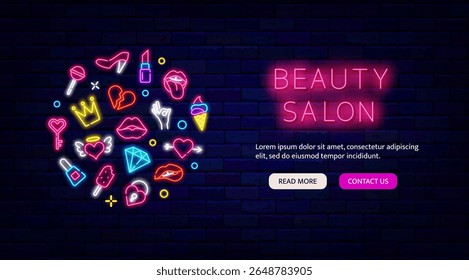 Beauty salon neon invitation. Website landing page template. Spa and makeup. Vector stock illustration