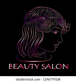 Beauty salon, neon linear drawing of a girl's profile on a black background. Her hair was done up. Vector.