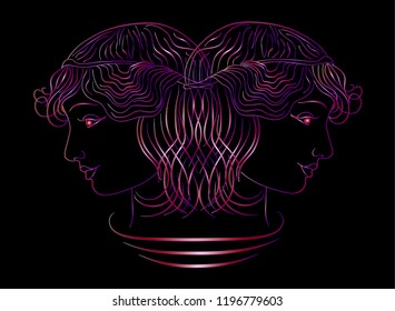 Beauty salon, neon linear drawing of a girl's profile on a black background. Her hair was done up. Vector.