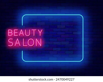 Cartel de neón del salón de belleza. Manicura y volante de pelo. Oferta especial. Tipografía y marco azul vacío. Tarjeta de felicitación de cosméticos. Copiar espacio. Editando texto. ilustración de stock de Vector