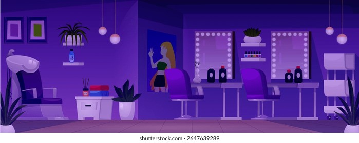 Salão de beleza à noite. Elegante interior escuro estúdio, serviço de moda. Salão de unhas e cabeleireiro. Ilustração plana vetorial. Cadeira de Desenho Animado, espelho, acessórios profissionais e equipamentos