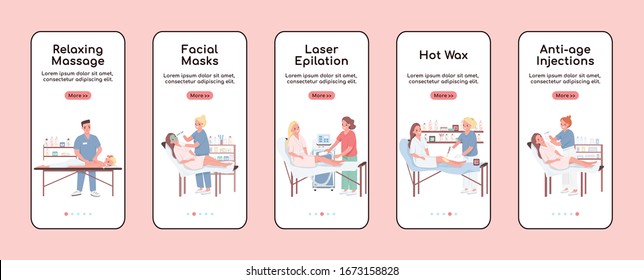 Beauty salon onboarding mobile app screen flat vector template. Relaxing massage. Walkthrough website steps with characters. UX, UI, GUI smartphone cartoon interface, case prints set
