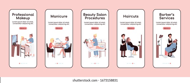 Salón de belleza a bordo aplicación móvil pantalla plana plantilla vectorial. Composición profesional. Recorrer los pasos del sitio web con caracteres. UX, UI, interfaz de caricatura de smartphone GUI, configuración de impresión de casos