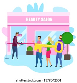 Beauty Salon Owner Cut Red Ribbon Grand Opening Ceremony Happy People With Key Vector Illustration. Hairdressing Cosmetic Shop Barber Makeup Massage Spa Service Building Pink Facade Exterior