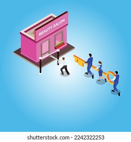 Beauty Salon Owner Cut Red Ribbon Grand Opening Ceremony isometric 3d vector illustration concept for banner, website, illustration, landing page, flyer, etc.