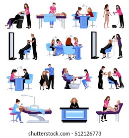 Beauty Salon People Set Of Different Procedures And Services In Flat Style Isolated Vector Illustration