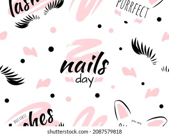 Beauty salon poster fashion vector seamless pattern isolated on white template makeup eyelashes nail art master concept illustration