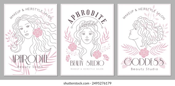 Beauty salon poster. Placard with aphrodite or beauty woman portraits recent vector fashion spa salon magazine flyer