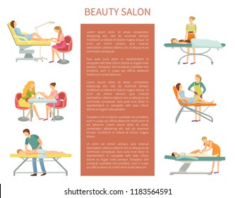 Beauty salon poster with text sample and working beauticians set vector. Pedicure and manicure, massage and chocolate spa, body wrap and depilation