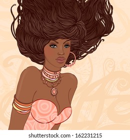 Beauty Salon: Pretty young African American woman with beautiful long hairs. Vector illustration 