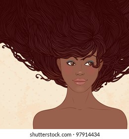 Beauty Salon: Pretty young african american woman with beautiful long hairs. Vector illustration