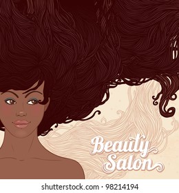 Beauty Salon: Pretty young african american woman with beautiful long hairs. Vector illustration