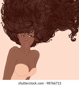 Beauty Salon: Pretty young african american woman with beautiful long hair. Vector illustration