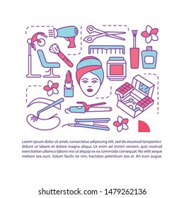 Beauty salon procedures article page vector template. Cosmetology, SPA. Brochure, magazine, booklet design element with linear icons and text boxes. Print design. Concept illustrations with text space
