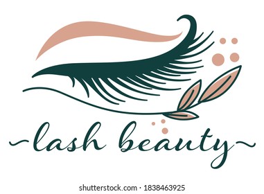 Beauty salon and professional care for eyelashes, extension of lashes in studio. Adding volume and length, correction at specialists. Label or logotype with eye and flower, vector in flat style