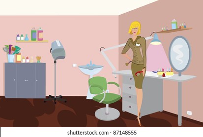 Beauty salon professional with comb and brush is standing near the chair