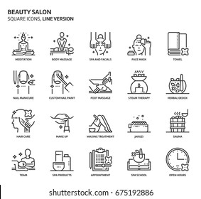 Salón de belleza, conjunto de iconos cuadrados. Las ilustraciones son un vector, trazo editable, cuadrícula de 32 por 32 matrices, archivos perfectos de píxeles. Elaborado con precisión y ojo por calidad.