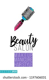 Beauty salon round hairbrush and inscription: beauty salon. Promo card with hair dressing tool for beauty store, shop or fashion blog.