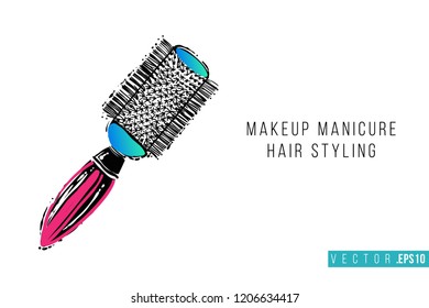 Beauty salon round hairbrush and inscription: makeup manicure hair styling. Promo card with hair dressing tool for beauty store, shop or fashion blog.