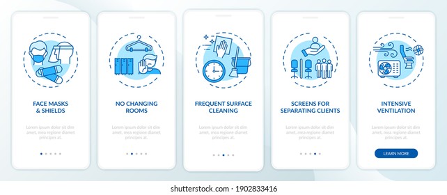 Beauty salon safety rules onboarding mobile app page screen with concepts. Masks, no changing rooms walkthrough 5 steps graphic instructions. UI vector template with RGB color illustrations