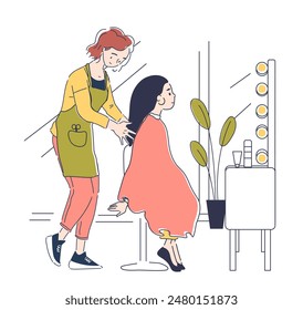 Beauty salon scene concept. Hairdresser with client. Woman in barbershop. Elegance and aesthetics. Girl with stylish haircut. Linear flat vector illustration isolated on white background